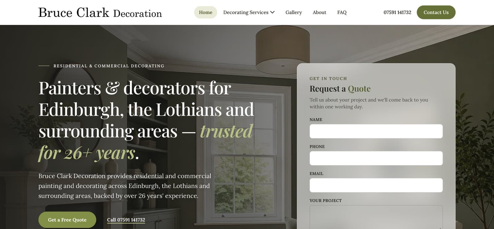 Bruce Clark Decoration's new website on desktop, with a clear headline and a quote form on the first screen