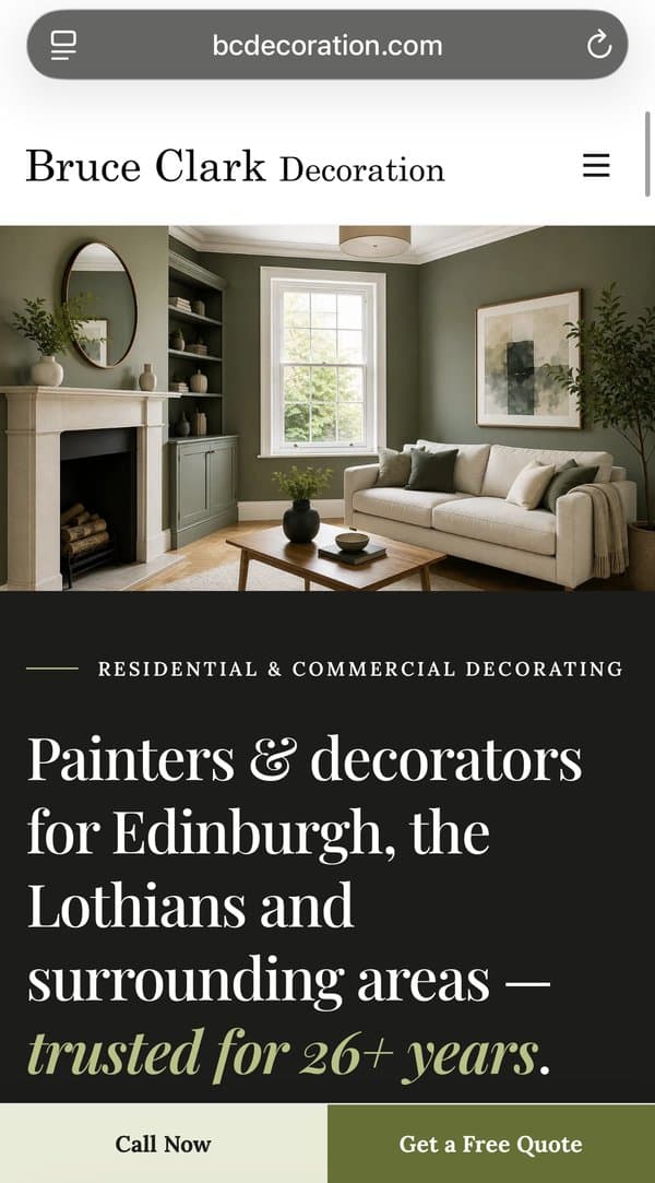 Bruce Clark Decoration's new website on a phone, with Call Now and Get a Free Quote buttons