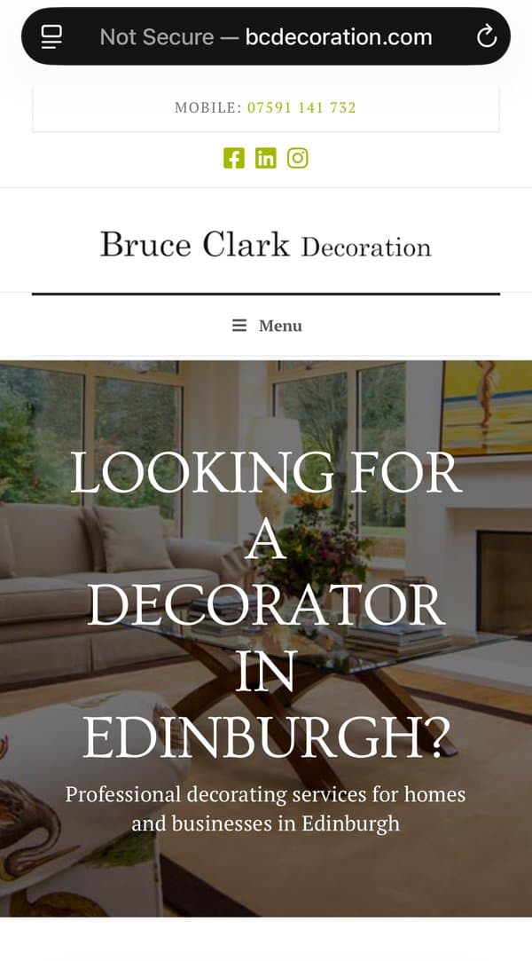 Bruce Clark Decoration's old website on a phone, marked Not Secure by the browser