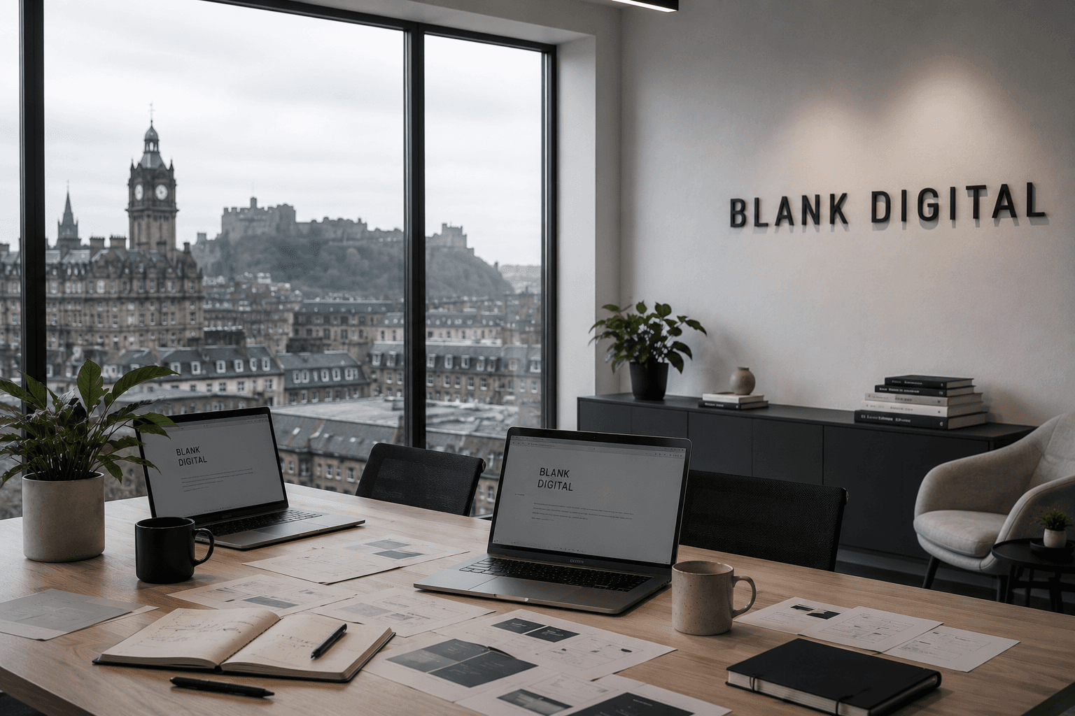 Blank Digital Edinburgh office with Edinburgh Castle visible through the window