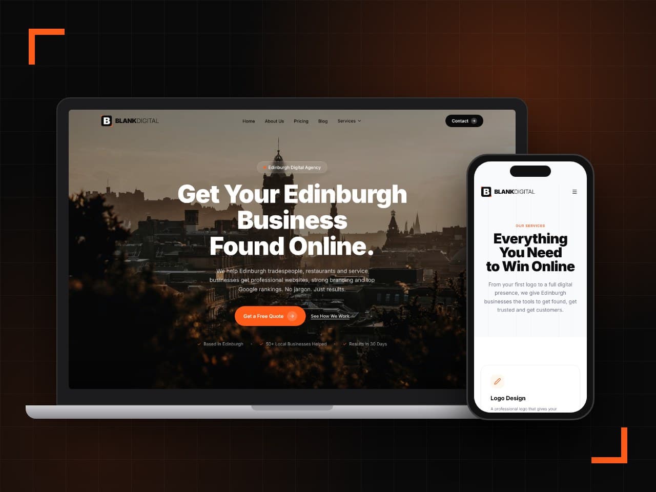The Blank Digital website shown on a laptop and a phone